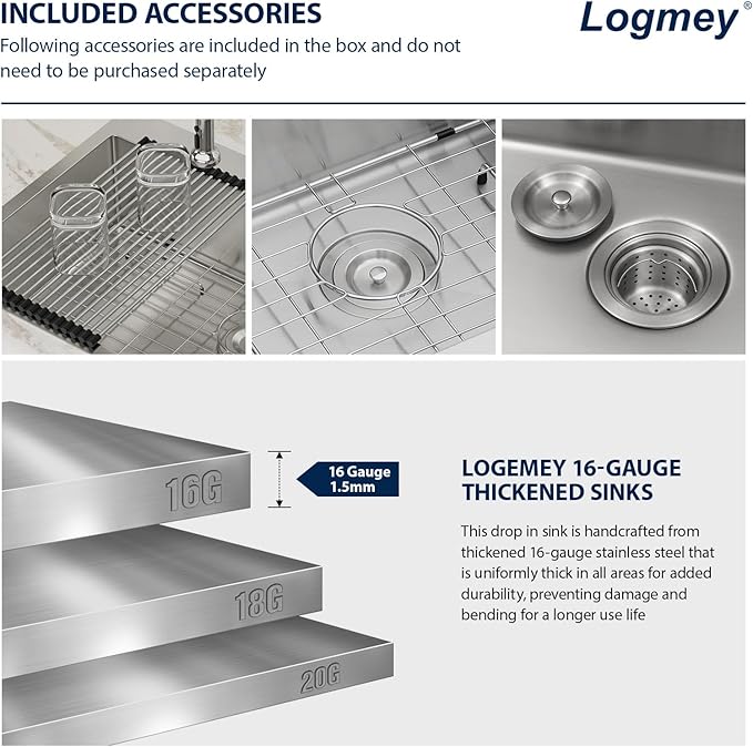 33 Inch Drop In Kitchen Sink Logmey 33x22x9 Inch Topmount Sinks 16-Gauge Stainless Steel Single Bowl Kitchen Sink