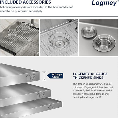 Logmey 30 Inch Drop In Kitchen Sink 30x22 In Handmade Stainless Steel Topmount Sink 16 Gauge Overmount Kitchen Sink Single Bowl Sink 30x22x9 Inches Handmade Sink