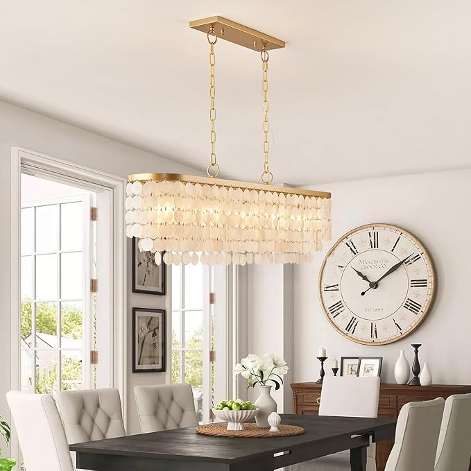 5 Light Capiz Shell Chandelier Rectangular Coastal Chandeliers for Dining Room,Gold Light Fixtures Over Table Kitchen Island Lighting Fixtures Ceiling Hanging Mount(42" Large Pendant Lights)