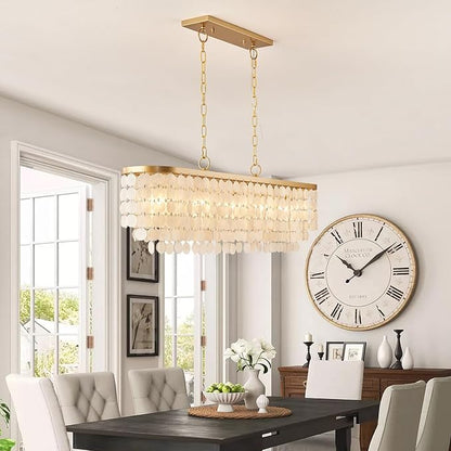 5 Light Capiz Shell Chandelier Rectangular Coastal Chandeliers for Dining Room,Gold Light Fixtures Over Table Kitchen Island Lighting Fixtures Ceiling Hanging Mount(42" Large Pendant Lights)