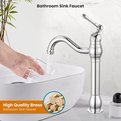 gotonovo Vessel Sink Faucet 360° Swivel Spout Single Handle Tall Bathroom Faucet 1 Hole Farmhouse Lavatory Washbasin Mixer Tap Matching Supply Hoses, with Pop Up Drain, Polish Chrome