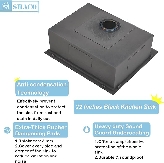 SHACO 22x18 Inch Drop In Black Bar Sink, 22 Inch Gunmetal Black Outdoor RV Laundry Utility Sink, Stainless Steel 16 Gauge Single Bowl Prep Small Kitchen Sink with Strainer Drain