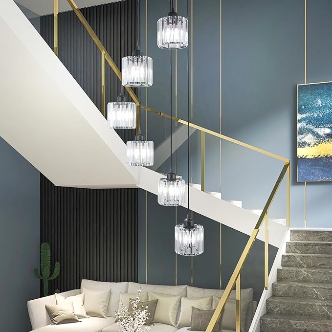 Modern Retro 6-Light Crystal Foyer Chandelier for High Ceilings, Large Hanging Chandelier for Staircase, Entryway, Kitchen Island, Adjustable Height Black E26 Pendant Light Fixture