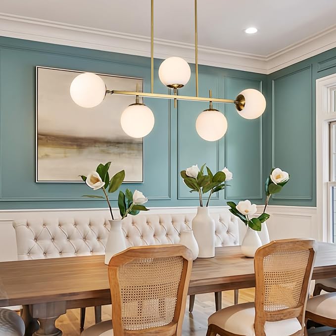 EDISLIVE Modern Milk Globe Chandelier 5-Light Glass Globe Pendant Light Fixture 39.4in E26 Linear Hanging Lighting for Kitchen Island Dinning Room Living Room Gold