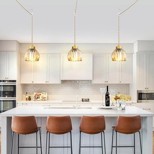 5.1 inch Plug in Pendant Light Fixtures 1-Lights Vintage Glass Hanging Lights with 197in Plug in Cord Small Gold Hanging Lamp for Kitchen Island Dining Room Bedroom Living Room, Amber E12 Base