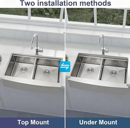 33 Inch Farmhouse Sink for Kitchen, 16 Gauge Stainless Steel Farmhouse Sink Undermount Double Bowl, 50/50 Apron Front Farm Sink, 33"x20"x10" Large Deep Kitchen Sink with Accessories