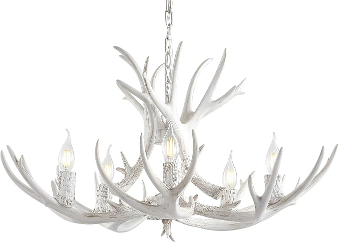 JONATHAN Y 30" White Rustic Resin Antler 5-Light LED Chandelier, Farmhouse Faux Deer Horn Hanging Ceiling Light for Dining Room, Kitchen Island, Adjustable Light Fixture (JYL6300B)