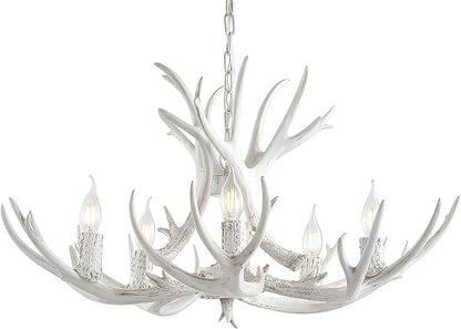 JONATHAN Y 30" White Rustic Resin Antler 5-Light LED Chandelier, Farmhouse Faux Deer Horn Hanging Ceiling Light for Dining Room, Kitchen Island, Adjustable Light Fixture (JYL6300B)