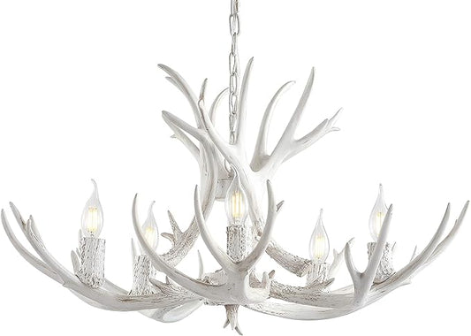 JONATHAN Y 30" White Rustic Resin Antler 5-Light LED Chandelier, Farmhouse Faux Deer Horn Hanging Ceiling Light for Dining Room, Kitchen Island, Adjustable Light Fixture (JYL6300B)