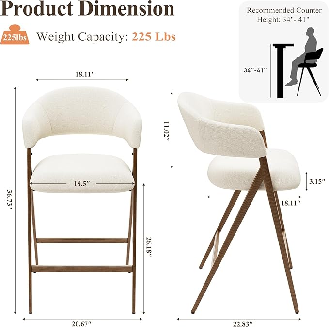 COLAMY Bar Stools Set of 2, Counter Height Bar Stools with Back, Modern Upholstered Island Stools with Metal Legs for Kitchen Island, Counter, Dining Room, Beige