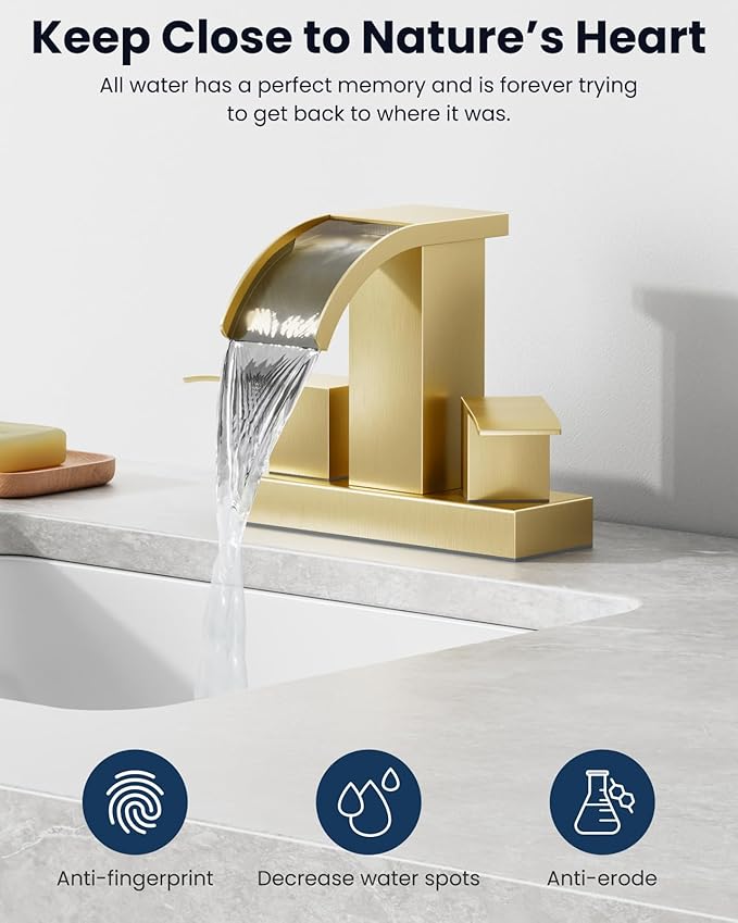 gotonovo Waterfall 4 Inch Centerset Bathroom Sink Faucet 2 Handle Basin Faucets 2 or 3 Hole Deck Mount with Pop Up Drain Included Lavatory Modern Mixer Tap Vanity Faucet Brushed Gold