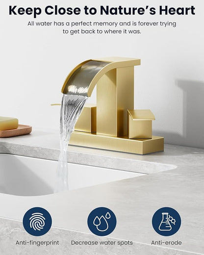 gotonovo Waterfall 4 Inch Centerset Bathroom Sink Faucet 2 Handle Basin Faucets 2 or 3 Hole Deck Mount with Pop Up Drain Included Lavatory Modern Mixer Tap Vanity Faucet Brushed Gold