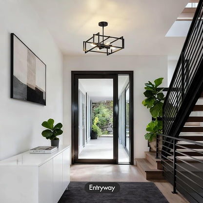 Modern Black Semi Flush Mount Ceiling Light Fixture 16.5", 4-Light Industrial Farmhouse Lighting for Kitchen Dining Room Living Room Entryway Bedroom Hallway, Sloped Ceiling Compatible, E26 Base