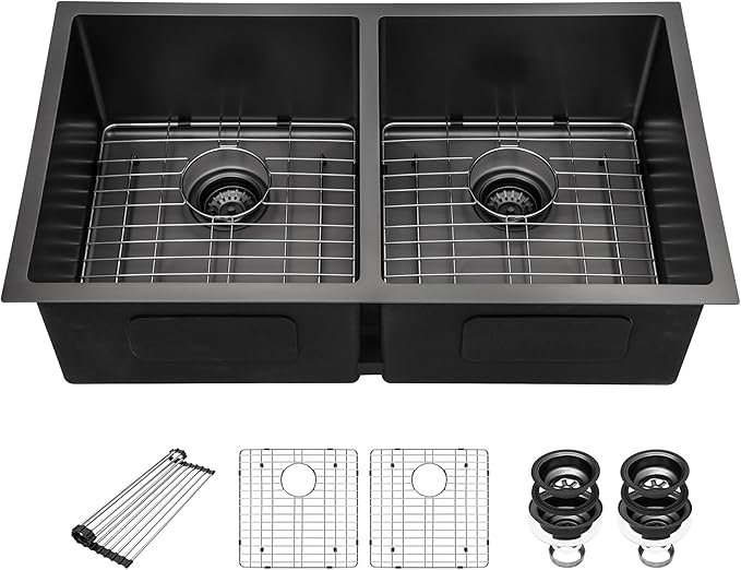 Sarlai 33 Inch Black Undermount Kitchen Sink Double bowl- 33x19 Undermount Double Bowl Kitchen Sink Gunmetal Black Stainless Steel 16 Gauge Sink 50/50 Under Counter Sinks Basin with Accessories