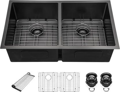 Sarlai 33 Inch Black Undermount Kitchen Sink Double bowl- 33x19 Undermount Double Bowl Kitchen Sink Gunmetal Black Stainless Steel 16 Gauge Sink 50/50 Under Counter Sinks Basin with Accessories
