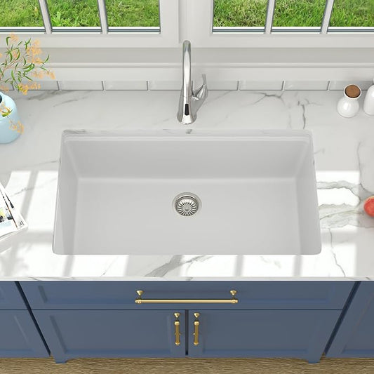 Lordear 30 White Undermount Kitchen Sink Granite Composite 30x19 Inch Undermount Workstation Sinks Quartz Gloosy White Single Bowl Sink
