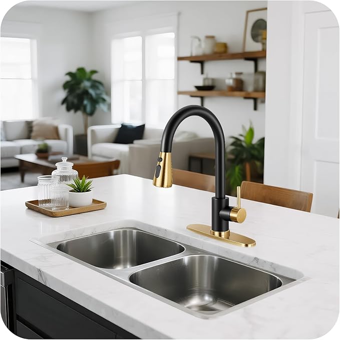 Kitchen Faucet with Pull Down Sprayer - Gold & Black Single Handle Kitchen Faucets, High Arc Stainless Steel Pull Out Kitchen Sink Faucet with Deck for RV Laundry Farmhouse Bar
