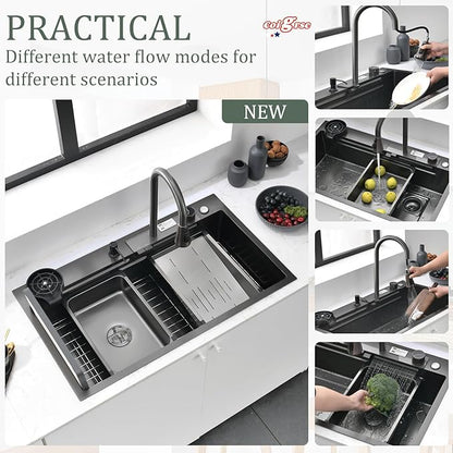Black Kitchen Sink with bottom screen, 34 Inch Nano Stainless Steel Waterfall, Countertop Workstation Single Sink Set & Accessories, for Countertop, Kitchen, Bar (BLACK, 34IN)