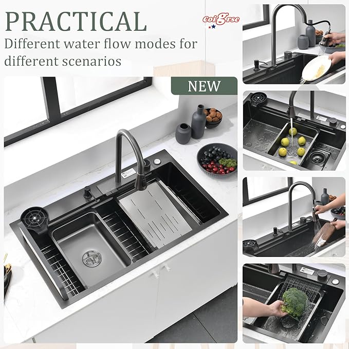 Black Kitchen Sink with bottom screen, 30 Inch Nano Stainless Steel Waterfall, Countertop Workstation Single Sink Set & Accessories, for Countertop, Kitchen, Bar (BLACK, 30IN)