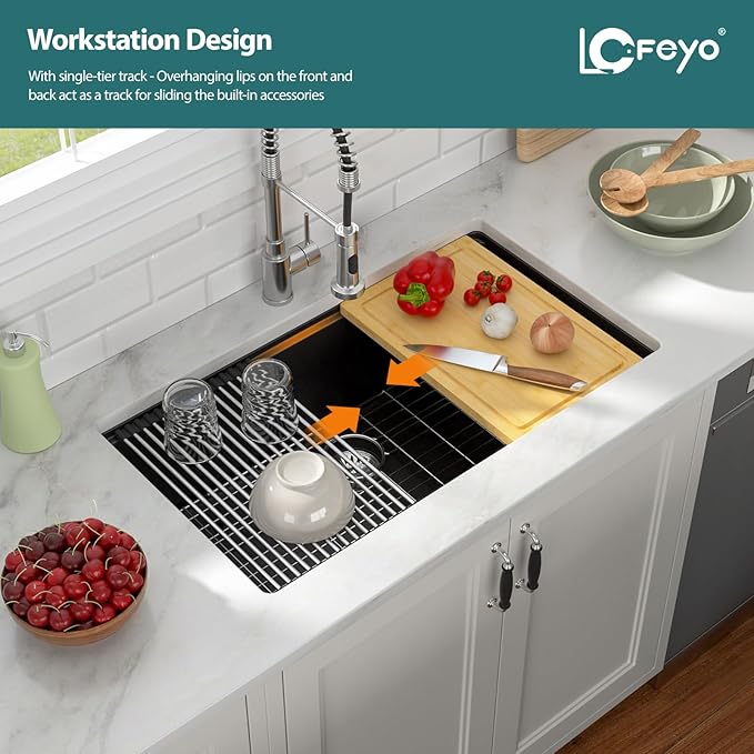 33 x 19 in Undermount Modern Quartz Granite Composite Workstation Kitchen Sink, Deep Single Bowl Basin with Accessories, Matte Black