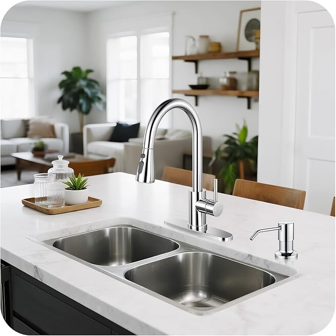 Pull Down Kitchen Faucet with Soap Dispenser - Polished Chrome Single Handle Kitchen Faucets, High Arc Stainless Steel Pull Out Kitchen Sink Faucet with Deck for RV Laundry Farmhouse Bar