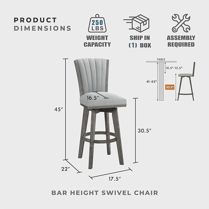 Lexicon Swivel Bar Stools Set of 2, Wood Frame Bar Height Stools with Footrest and Back, for Kitchen Island, Dining Room, 30.5" SH, Grey Finish and Thick Grey Velvet Cushion Seat