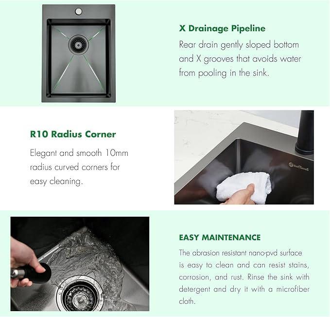 Drop In Kitchen Sink, 15 x 20 Inch Single Bowl Topmount Small Bar Sink 16 Gauge T-304 Stainless Steel Gunmetal Black Kitchen Sinks