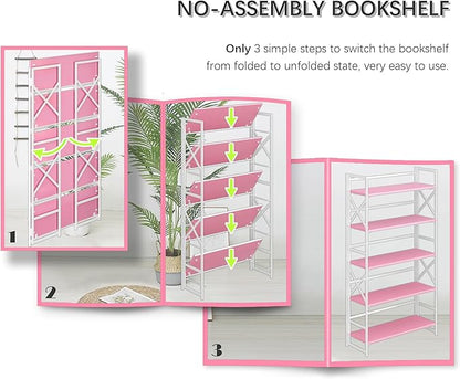 4NM Extra Wide 5 Tiers No Assembly Book Shelves, 51.2" H Folding Bookshelf Bookcase Open Industrial Foldable Shelves for Bedroom, Living Room, Home Office - Pink White