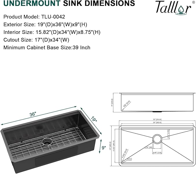 36 Inch Undermount Kitchen Sink, 16 Gauge Black Stainless Steel Single Bowl Sink, Workstation Kitchen Sinks with Cutting Board, Bottom Grid, Drying Rack, Mixing Bowl & Strainer #TLU-0042