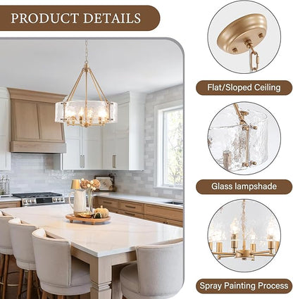 Gold Glass Chandelier for Dining Room Light Fixture, 19.69" Modern Drum Chandelier Textured Crystal Light Fixture for Kitchen Island Living Room Bedroom Foyer