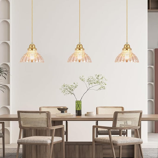 Vintage Pendant Lights Kitchen Island,Gold Pendant Light with Amber Glass Lampshade,Adjustable Hanging Light Fixture for Dining Room,Mini Chandeliers for Kitchen,Bedroom,Bathroom,Hallway