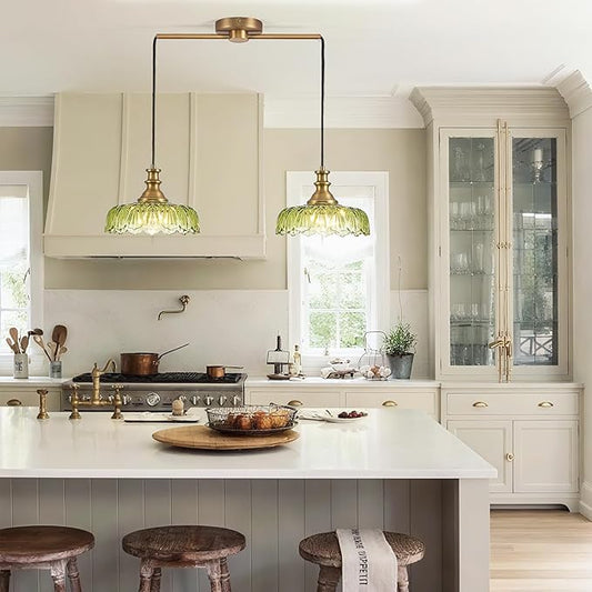 HDDFL Vintage Pendant Lighting Fixtures Modern Glass Hanging Lamp with Adjustable Cord for Kitchen Island Dining Room Hallway 2 Light Brass and Green