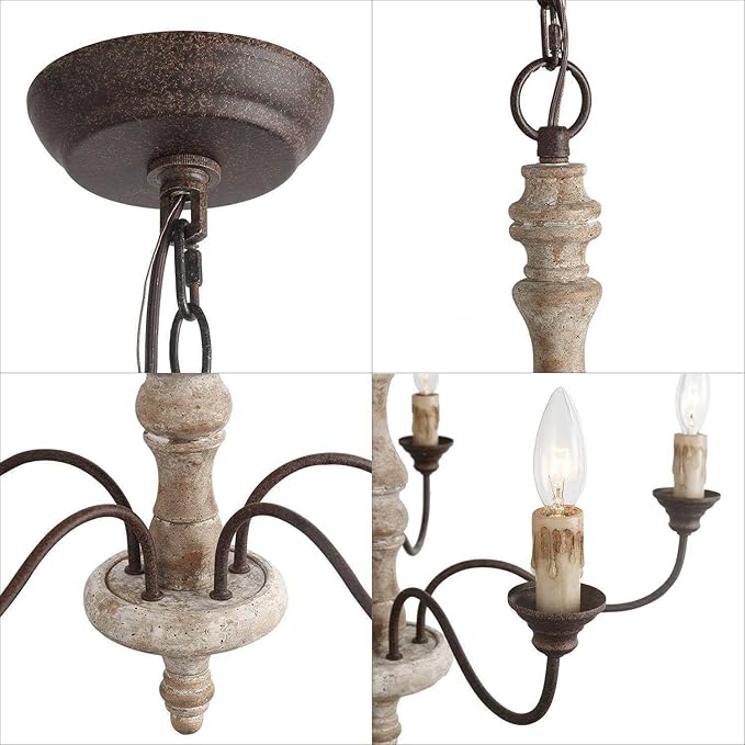 Farmhouse Chandelier, 5-Light French Country Chandelier, Rustic Distressed Wood Chandeliers Light Fixture for Dining Room, Living Room, Bedroom, Foyer