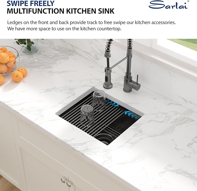 Sarlai 17 Black Undermount Bar Sink - 17 x 15 Inch Undermount Workstation Bar Prep Sink Gunmetal Black Under Mount Single Bowl Small Bar Outdoor 16 Gauge Stainless Steel RV Kitchen Sinks Basin