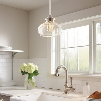 Kira Home Harlow 9" Modern Schoolhouse Pendant Light with Clear Glass Shade, Industrial Farmhouse Silver Hanging Light with Schoolhouse Glass, Brushed Nickel Finish