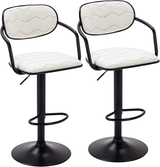 VECELO Bar Stools Set of 2, Adjustable Counter Height Barstools with Back and Arm, Swivel Bar Chairs/PU Leather Kitchen Island Stools for Pub/Dining Room/Living Room, White