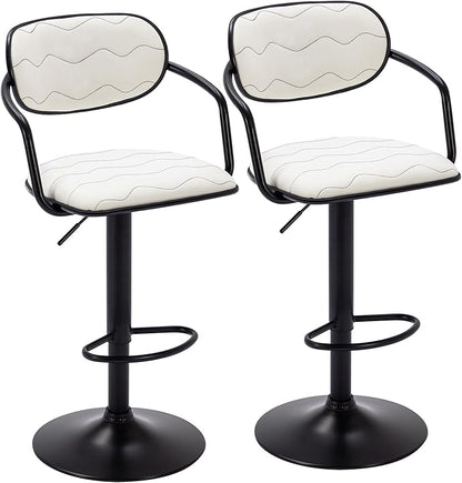 VECELO Bar Stools Set of 2, Adjustable Counter Height Barstools with Back and Arm, Swivel Bar Chairs/PU Leather Kitchen Island Stools for Pub/Dining Room/Living Room, White