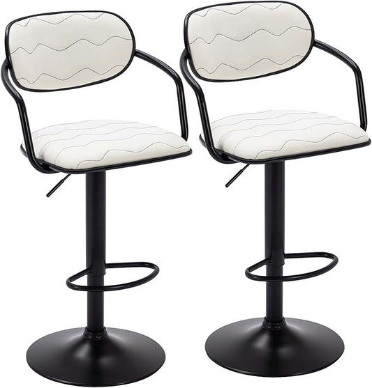 VECELO Bar Stools Set of 2, Adjustable Counter Height Barstools with Back and Arm, Swivel Bar Chairs/PU Leather Kitchen Island Stools for Pub/Dining Room/Living Room, White