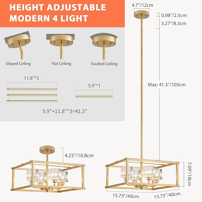 Modern Gold 4-Light Farmhouse Chandelier 15.7" Square Pendant Lighting Fixture Adjustable Height Ceiling Light for Kitchen Living Room Dining Room Hallway Bedroom Foyer