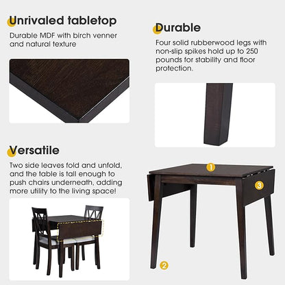 Ball & Cast 5-Piece Farmhouse Drop Leaf Folding Dining Table with Chairs, 29.57"~45.67" Extendable Table w/4pcs Backrest Dining-Chair, Foldable Kitchen Breakfast Set for 4,Space Saving,Espresso