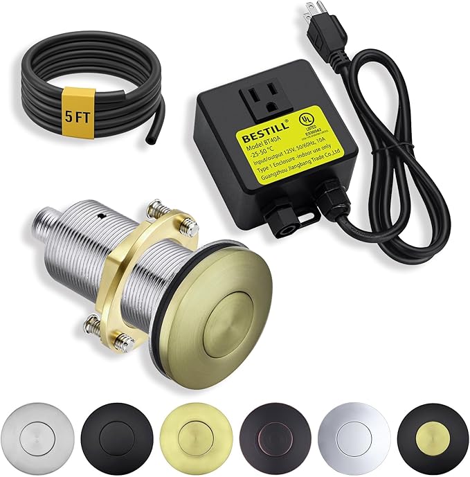 BESTILL Garbage Disposal Air Switch Kit - All Metal, UL Listed Long Push Button for Waste Disposer, Single Outlet Sink Top Solid Brass Air On/Off Button, Brushed Gold