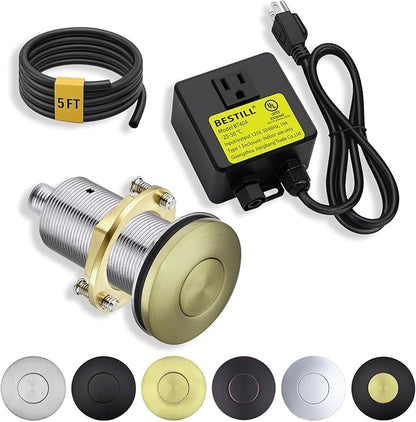 BESTILL Garbage Disposal Air Switch Kit - All Metal, UL Listed Long Push Button for Waste Disposer, Single Outlet Sink Top Solid Brass Air On/Off Button, Brushed Gold