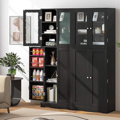 Giantex Pantry Organizers and Storage, 63.5” Tall Kitchen Cabinet, Food Buffet Cupboard with Glass Doors, Shelves with Baffle, Wooden Freestanding Sideboard for Dining Room Living Room (Black)