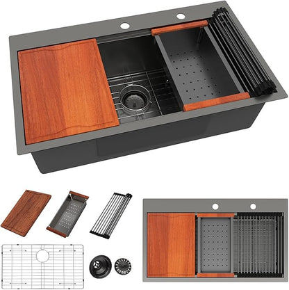 Dcolora 33 in. Black Kitchen Sink Drop In Workstation Sink 16 Gauge 33x22 Black Stainless Steel Nano-Coating Gunmetal Top mount Extra Large Single Bowl Kitchen Sinks, #DC-T7765