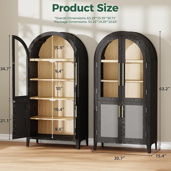 63" Arched Storage Cabinet with Glass & Rattan Door, 5-Tier Modern Farmhouse Kitchen Pantry Cabinet Kitchen Storage Cabinet Adjustable Shelf for Living Room Dining Room Office, Black