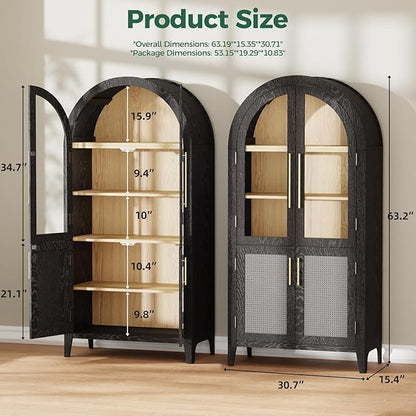 63" Arched Storage Cabinet with Glass & Rattan Door, 5-Tier Modern Farmhouse Kitchen Pantry Cabinet Kitchen Storage Cabinet Adjustable Shelf for Living Room Dining Room Office, Black