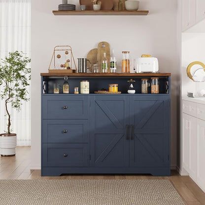 Befrases Farmhouse Buffet Cabinet with Drawers & Open Shelf, Sideboard with Storage, Kitchen Pantry Cabinet Hutch, Coffee Bar Station for Kitchen, Livingroom, 47" L Blue