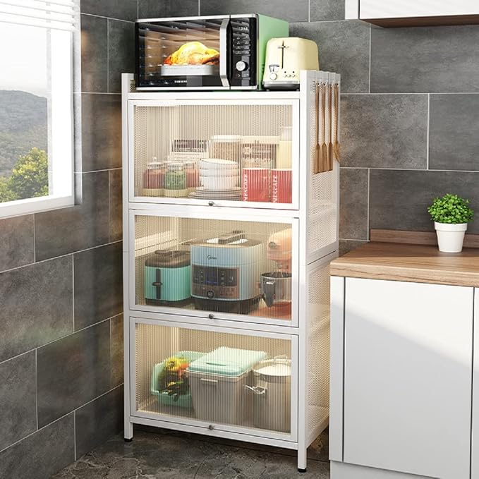 Gdrasuya10 White Kitchen Pantry Storage Buffet Cabinet, 3 Tier Metal Pantry Cabinet with Folding Doors Freestanding Kitchen Storage Cabinet Suitable for Kitchen (43'' H)