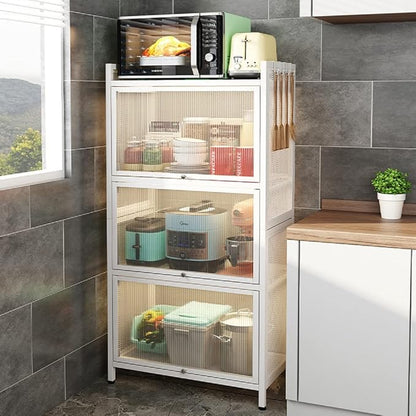 Gdrasuya10 White Kitchen Pantry Storage Buffet Cabinet, 3 Tier Metal Pantry Cabinet with Folding Doors Freestanding Kitchen Storage Cabinet Suitable for Kitchen (43'' H)