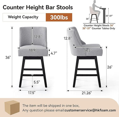 Counter Height Swivel Bar Stools Set of 3, Modern Linen Fabric Swivel Barstools with Back and Wood Legs, Upholstered 26" Seat Height Counter Stools for Kitchen Island, Home Bar, Grey